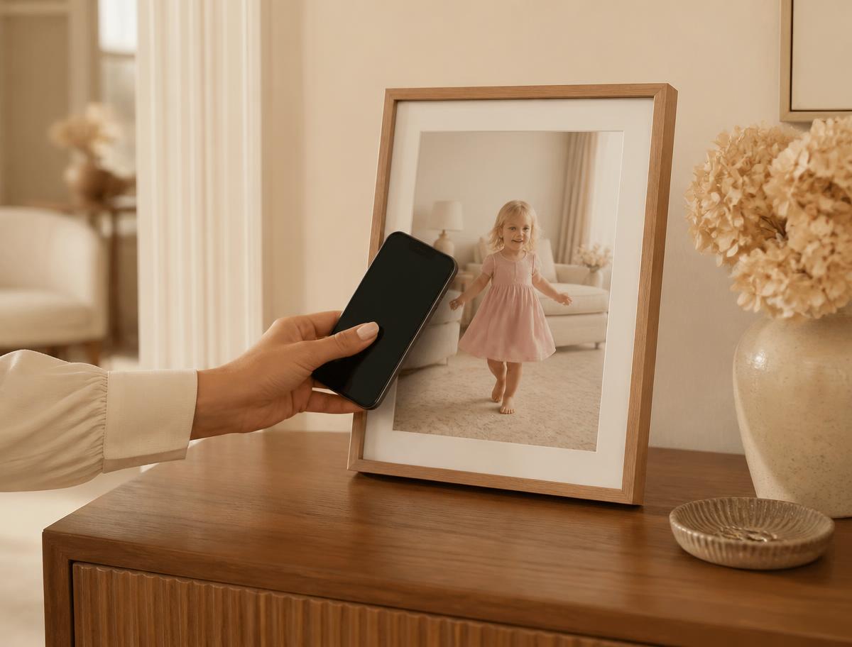 A phone tapping a framed Magic Photo